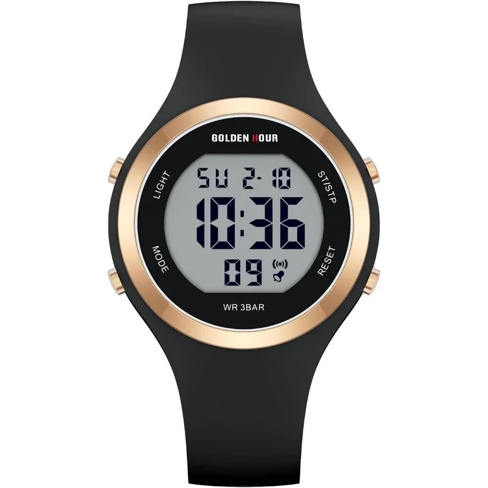 Unisex Black Silicone Digital Sports Gold Bezel Water-Resistant Alarm Stopwatch